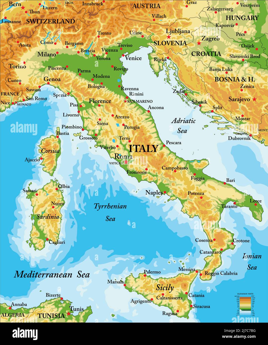 Mapa físico muy detallado de Italia, en formato vectorial, con todas las formas de relieve, estados y grandes ciudades. Ilustración del Vector