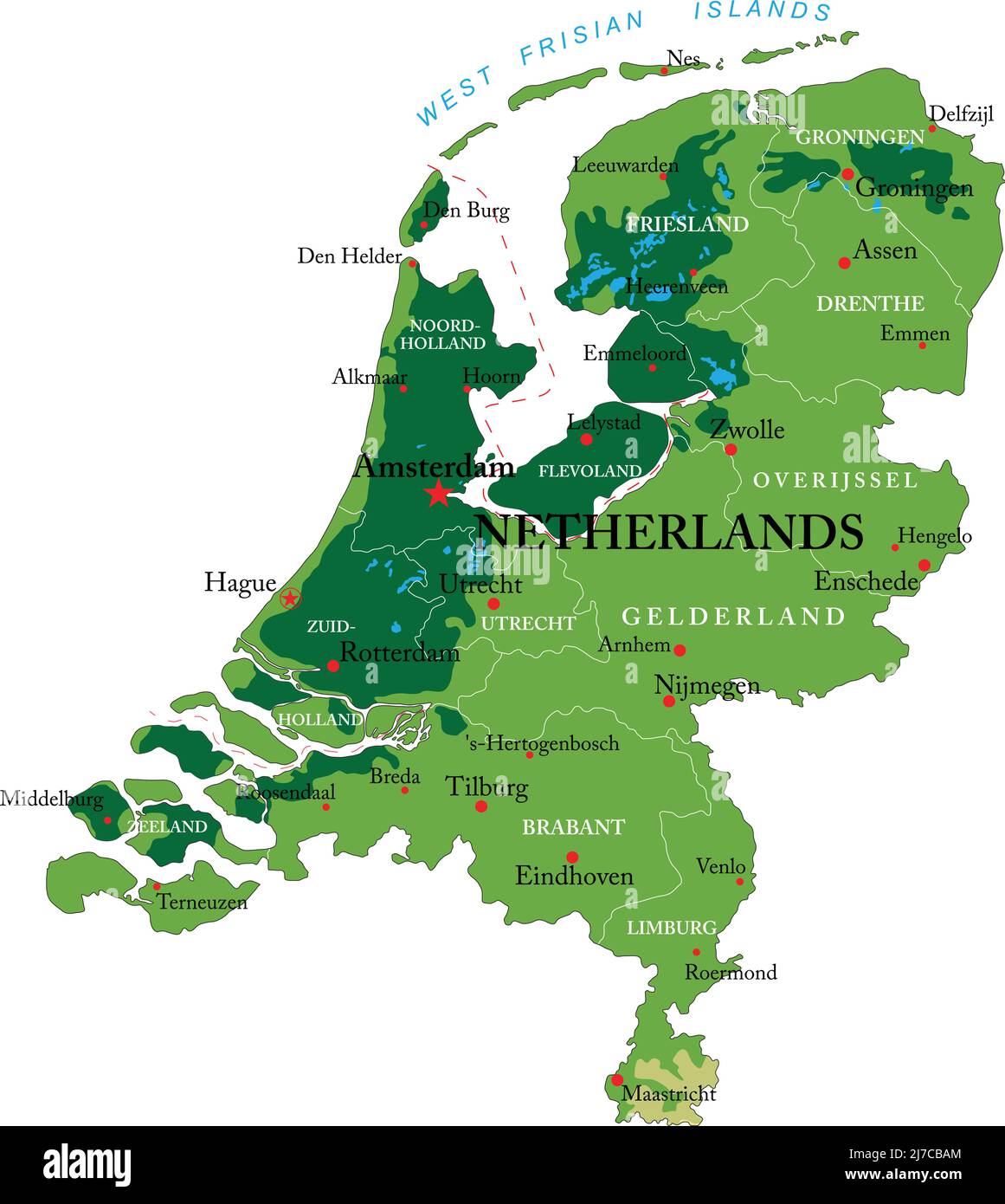 Mapa físico muy detallado de los Países Bajos, en formato vectorial, con todas las formas de relieve, regiones y grandes ciudades. Ilustración del Vector
