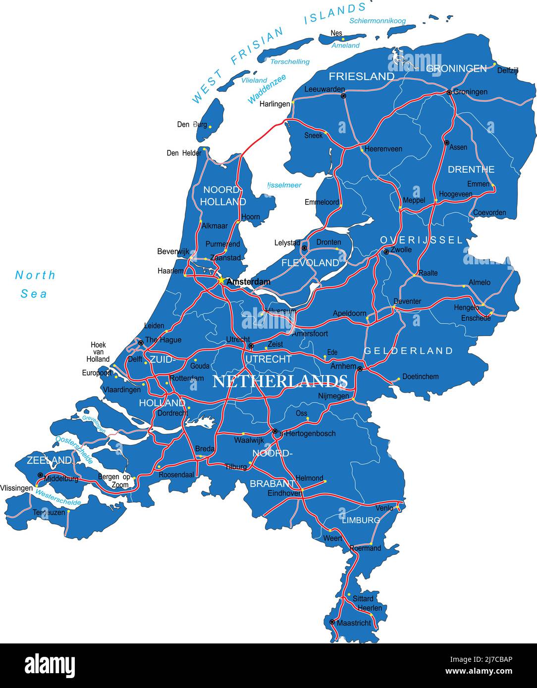 Mapa vectorial muy detallado de Holanda con regiones administrativas, principales ciudades y carreteras. Ilustración del Vector