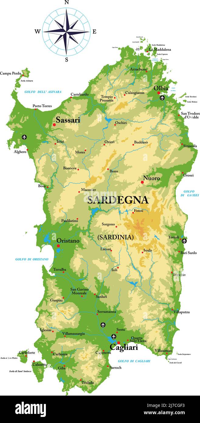 Mapa físico muy detallado de Sardegna en formato vectorial, con todas