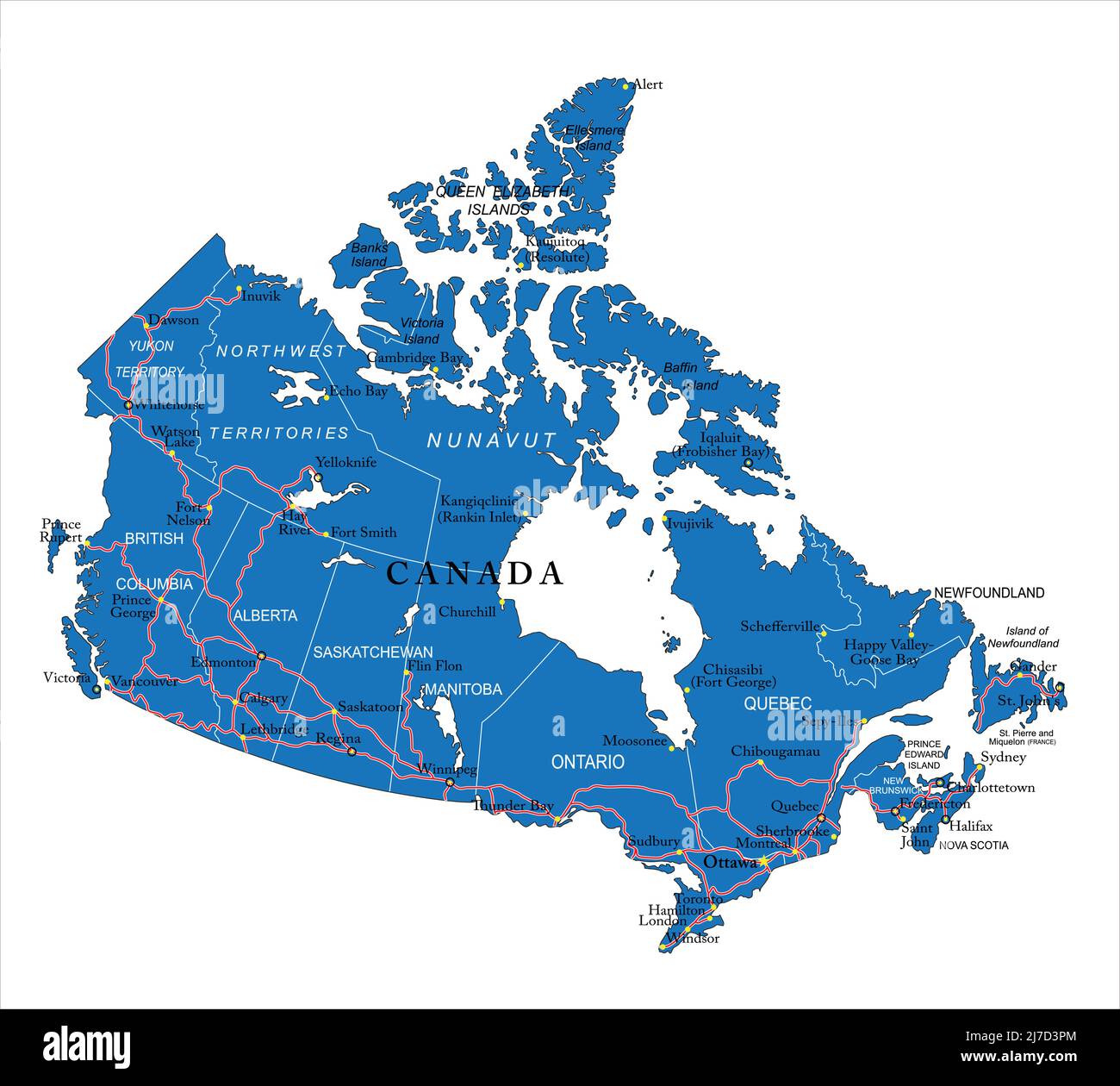 Mapa vectorial altamente detallado de Canadá con regiones administrativas, principales ciudades y carreteras. Ilustración del Vector
