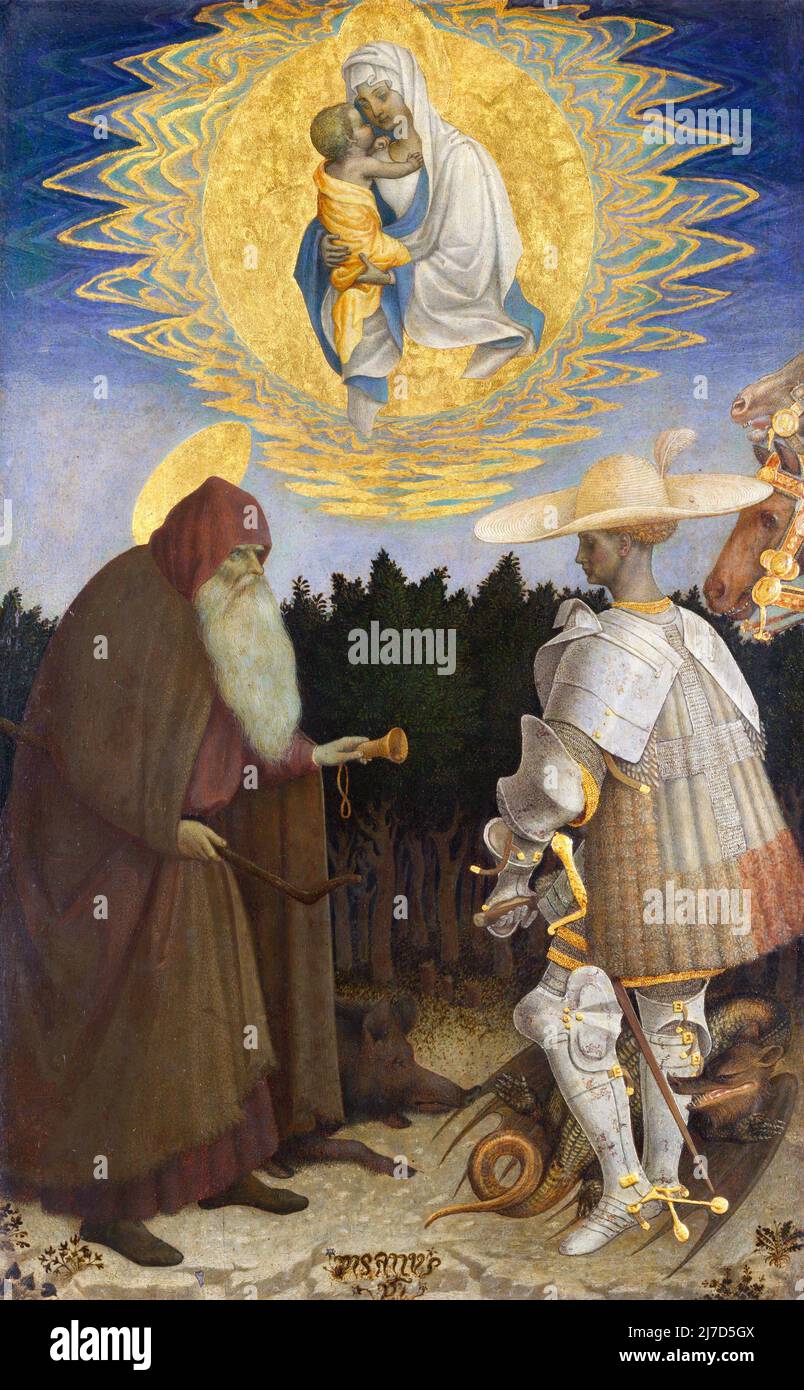 La Virgen y el Niño con los Santos Anthony Abbot y George por el artista italiano del siglo 15th, Pisanello (c. 1380/1395 – c. 1450/1455), temperatura de huevo en álamo, c. 1435-41 Foto de stock