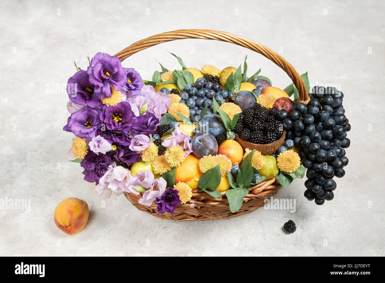 Cesta grande con frutas maduras y flores moradas sobre fondo gris Foto de stock