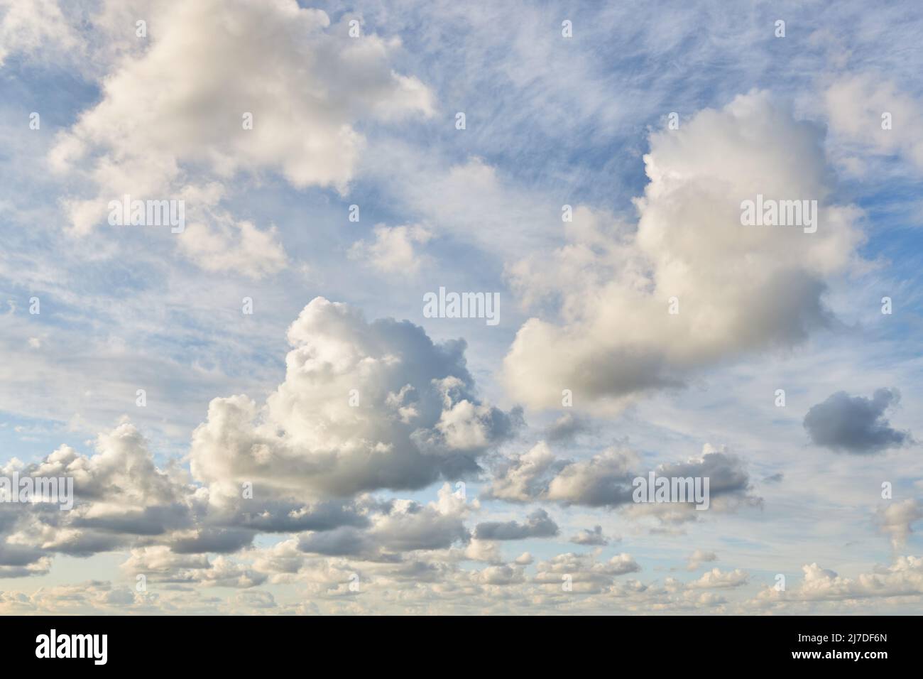 Hermosas y esponjosas nubes sobre el fondo del cielo azul por la tarde Foto de stock