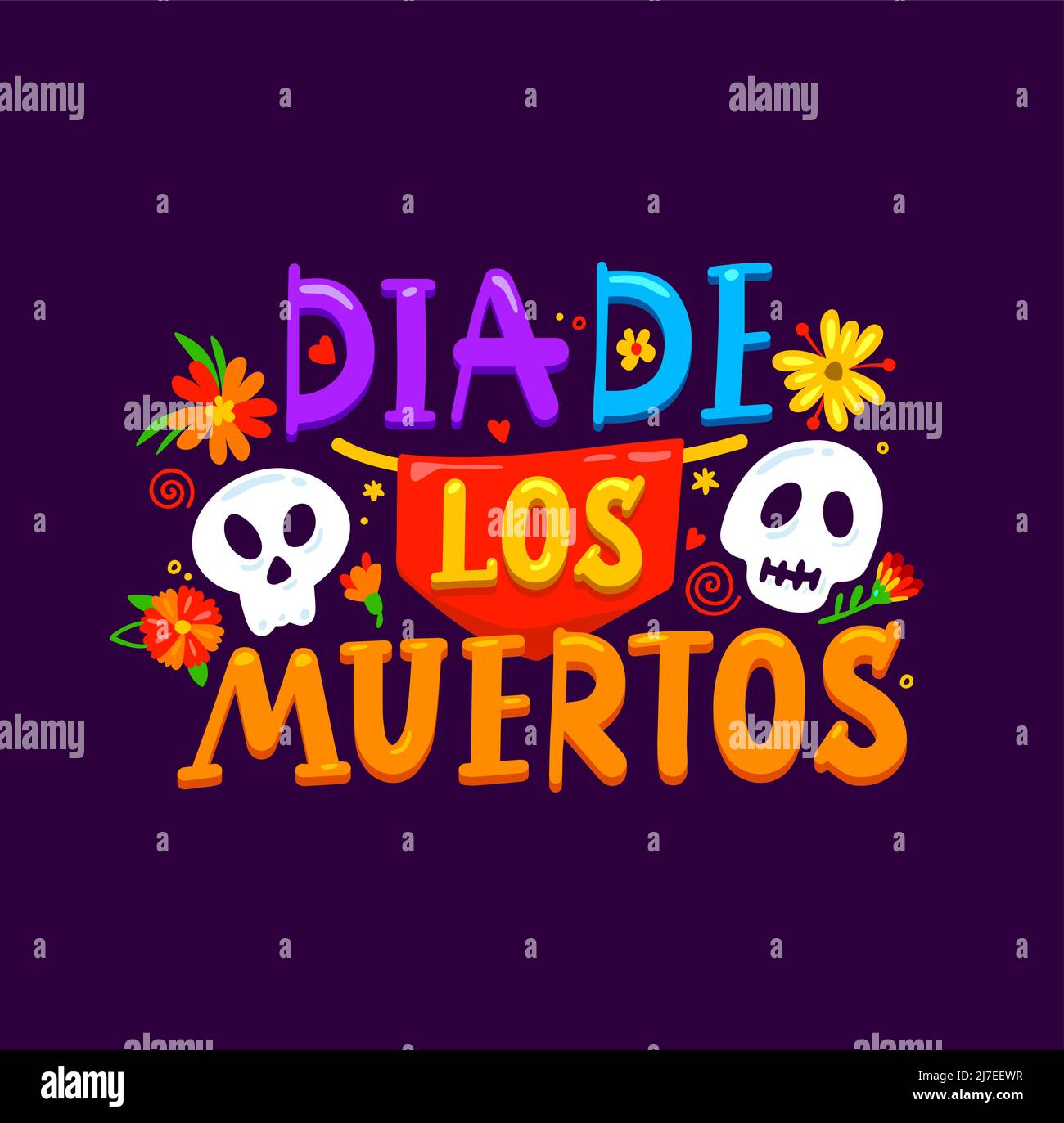 Dia de los muertos, bandera mexicana de letras de dibujos animados, día  festivo en México vector. Día de Muertos o Día de los Muertos bandera de  fiesta con calaveras de azúcar, flores