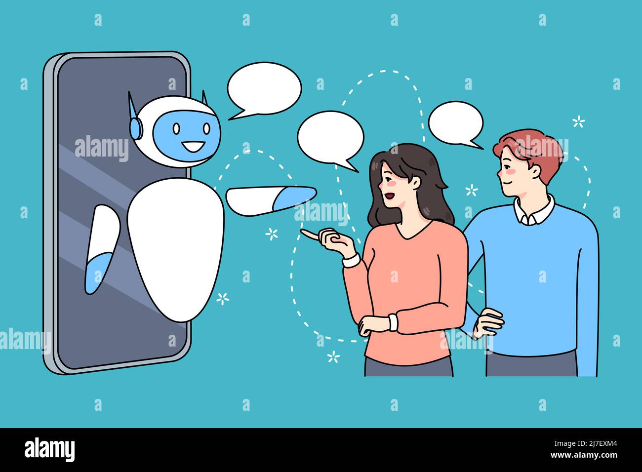 La gente habla con la asistencia en línea de robótica en el smartphone. El  cliente utiliza chatbot o humanoid robot servicio de Internet en la célula.  IA e ingeniería. Inteligencia artificial y