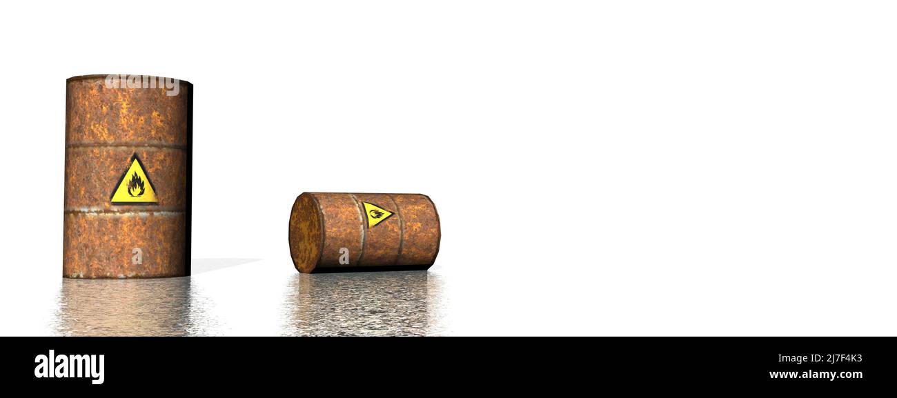 Dos barriles oxidados con logotipo inflamable - 3D render Foto de stock