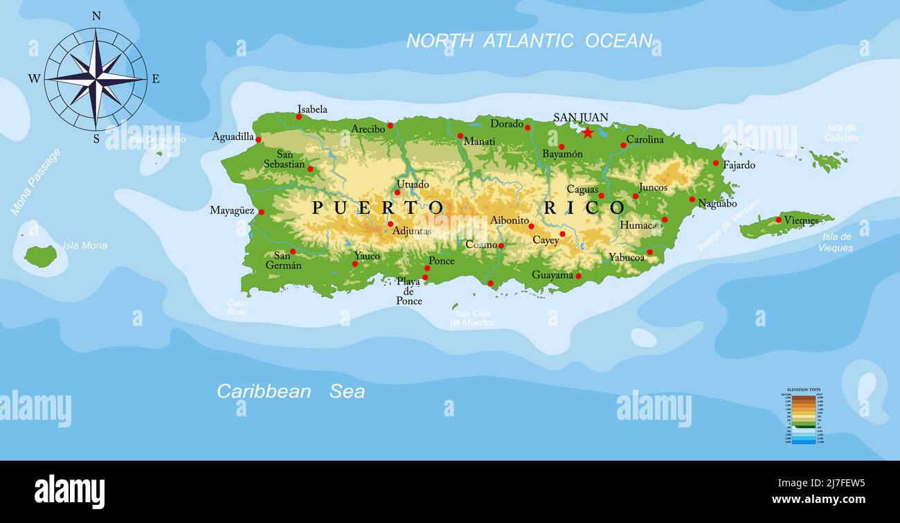 Mapa físico altamente detallado de Puerto Rico en formato vectorial, con  todas las formas de relieve, regiones y grandes ciudades Imagen Vector de  stock - Alamy