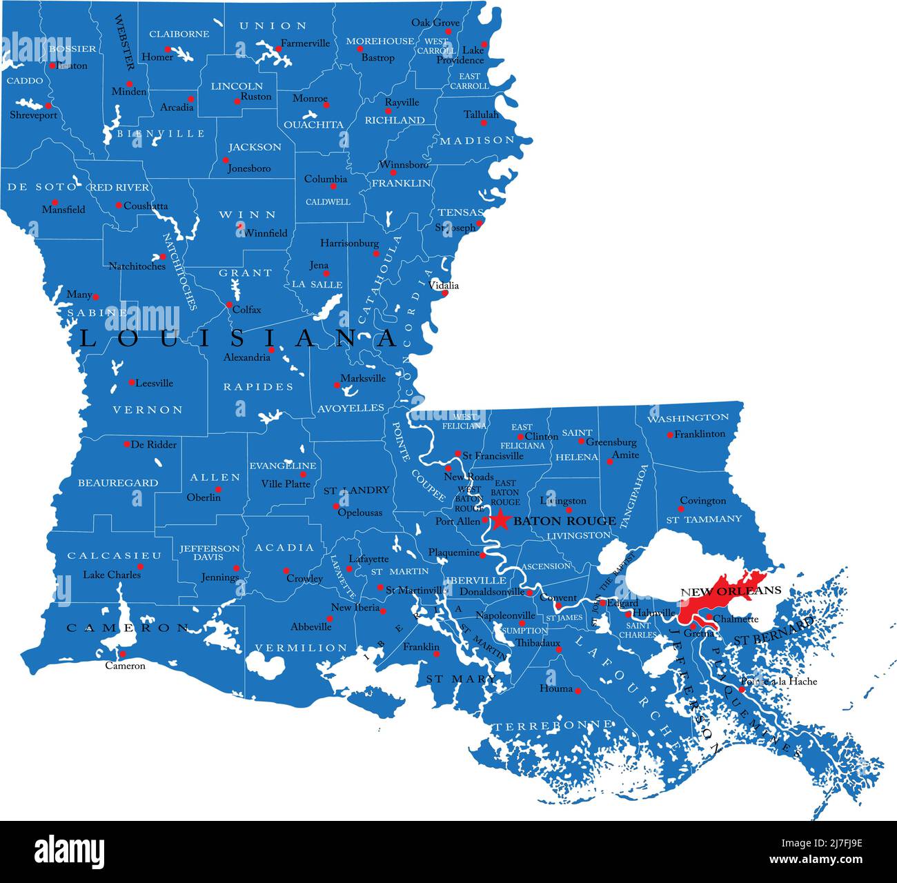 Mapa detallado del estado de Louisiana, en formato vectorial, con