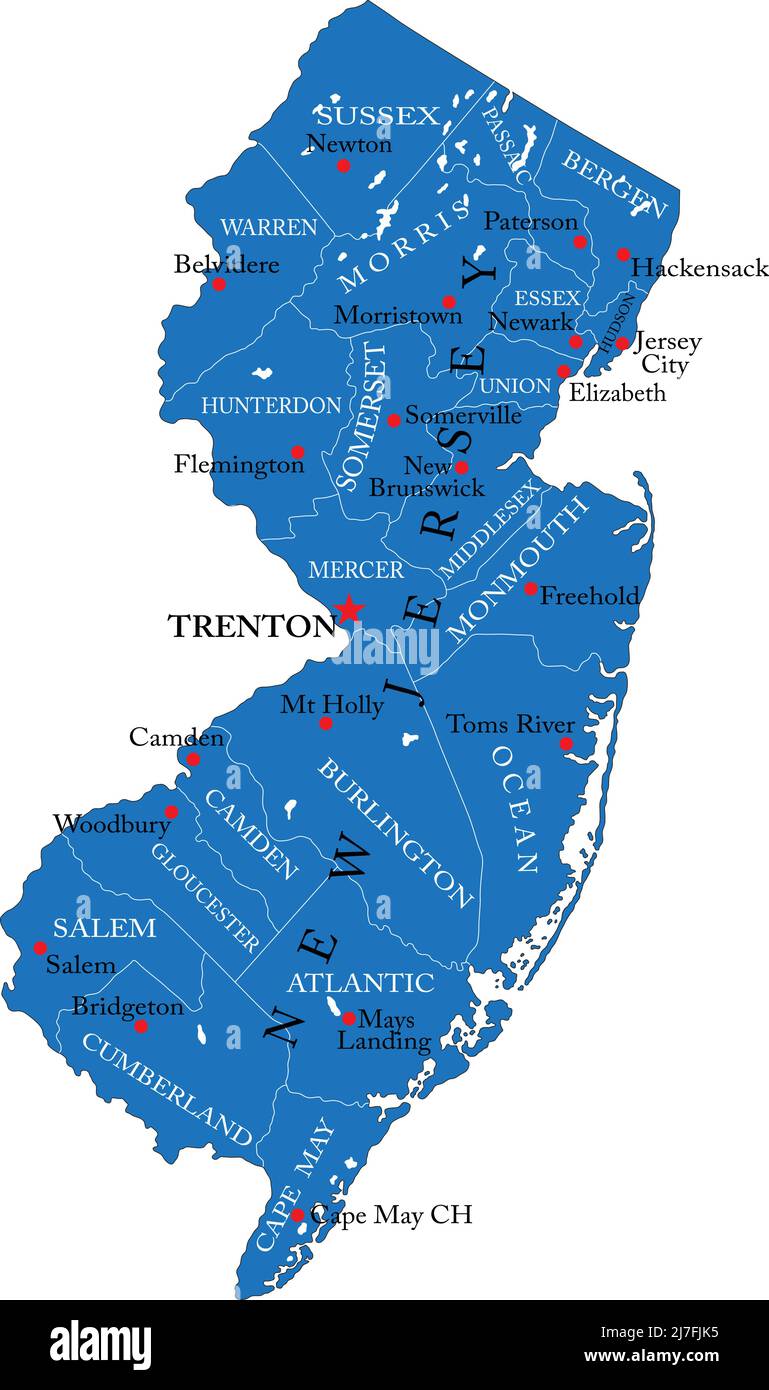 Mapa detallado del estado de Nueva Jersey, en formato vectorial, con fronteras del condado y las principales ciudades. Ilustración del Vector