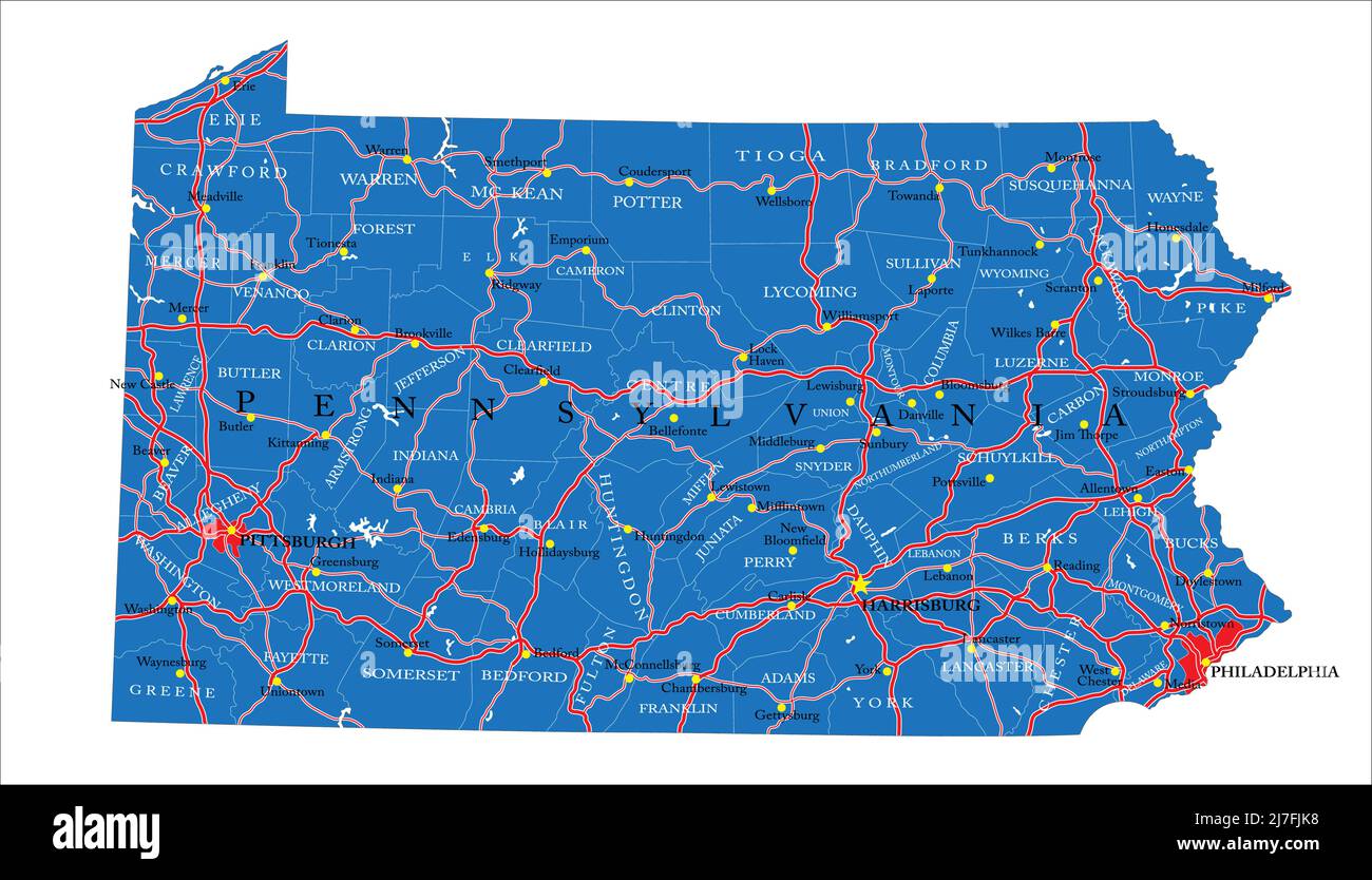 Mapa detallado del estado de Pennsylvania, en formato vectorial, con