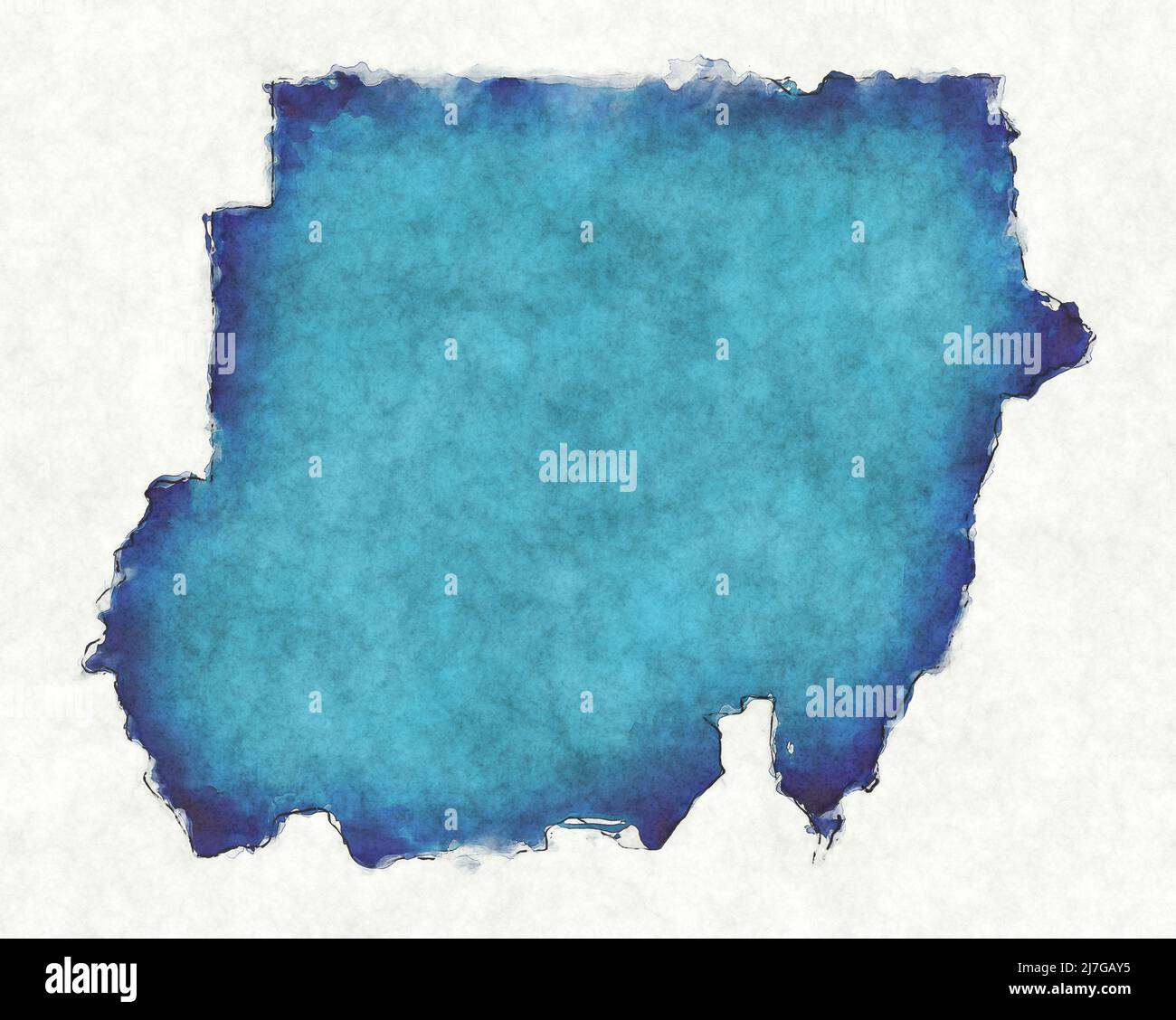 Mapa de Sudán con líneas trazadas e ilustración de acuarela azul Foto de stock