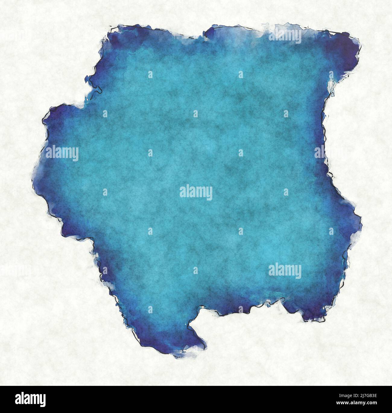 Mapa de Surinam con líneas trazadas e ilustración de acuarela azul Foto de stock