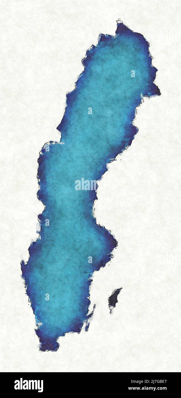 Mapa de Suecia con líneas trazadas e ilustración de acuarela azul Foto de stock