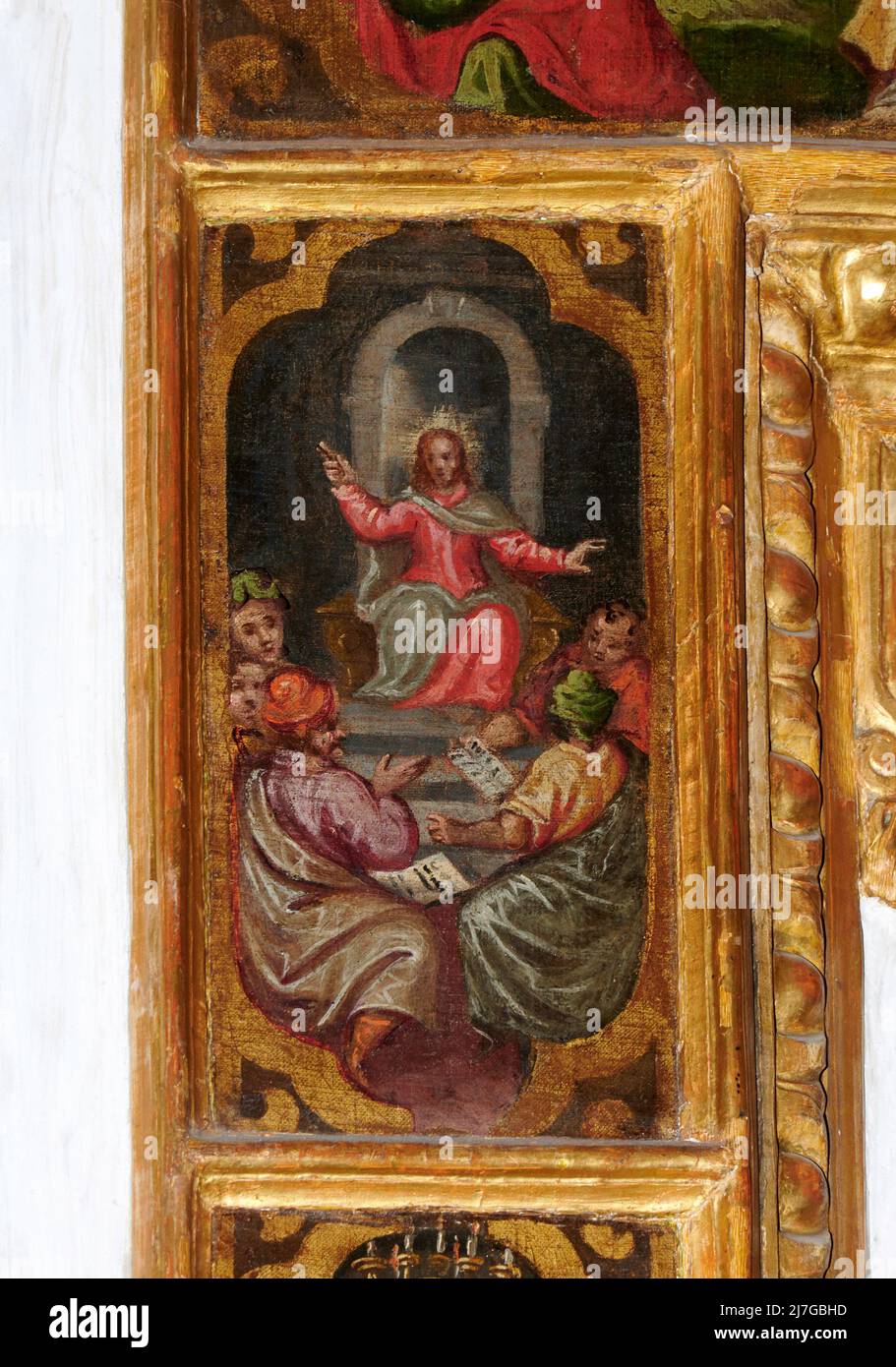 Gesù tra i dottori , particolare da “Sacra Famiglia con S.Giovannino e i Misteri del Rosario” - olio su tela - pittore bresciano - 1668 - Cortine di N Foto de stock