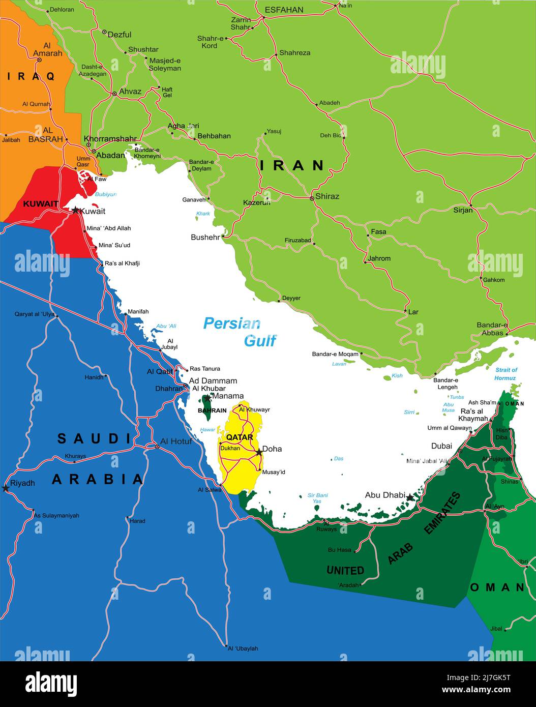 Mapa vectorial de la región del Golfo Pérsico con regiones administrativas,  principales ciudades y carreteras Imagen Vector de stock - Alamy