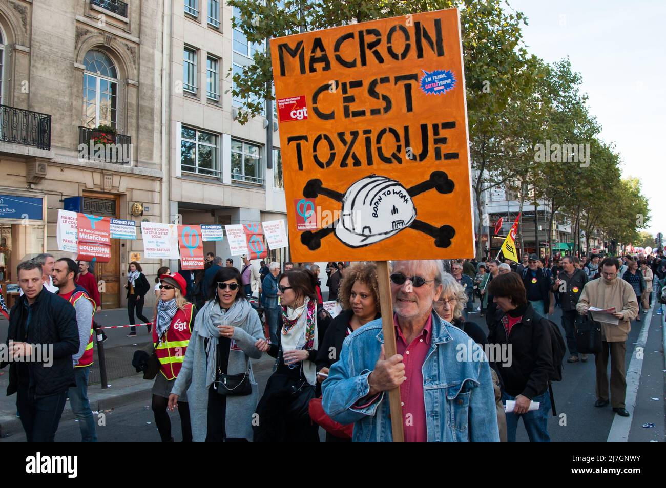 PARÍS, FRANCIA - 21 DE SEPTIEMBRE de 2017 : Demostración contra Francia Leyes laborales apoyadas por el gobierno del presidente Emmanuel Macron. Foto de stock