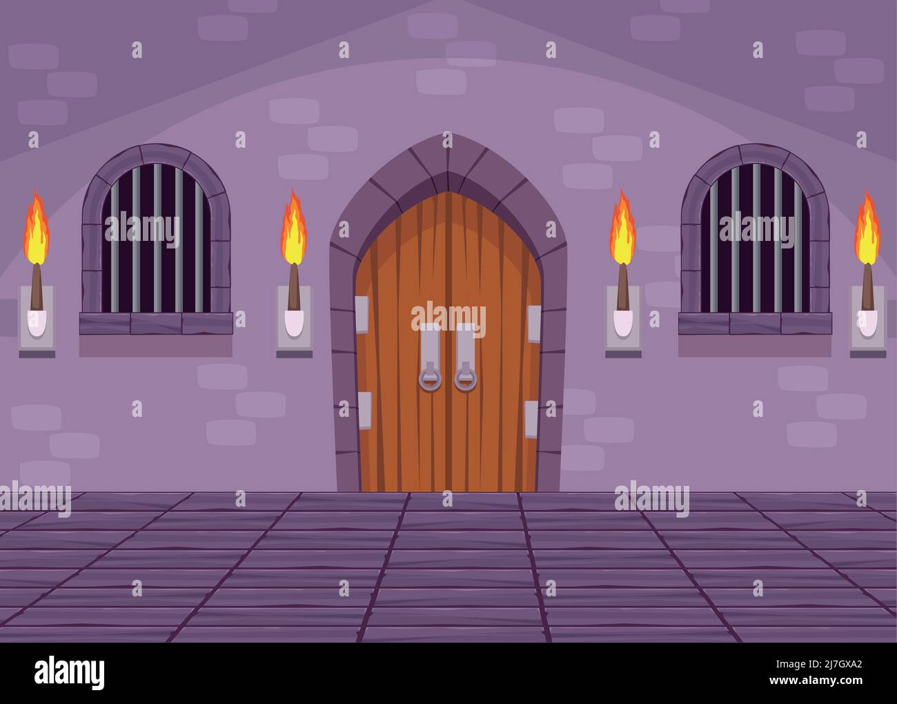 puerta del castillo y antorchas Imagen Vector de stock - Alamy