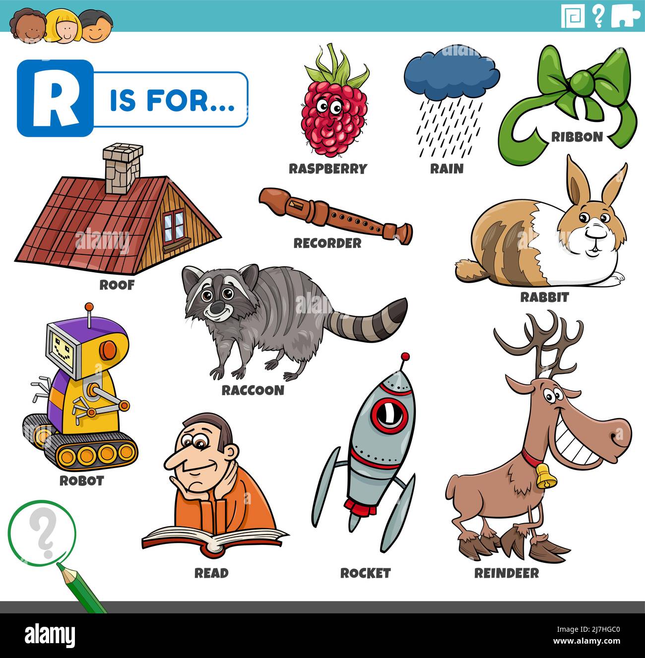 Ilustración educativa de dibujos animados para niños con personajes cómicos  y objetos establecidos para la letra R Imagen Vector de stock - Alamy
