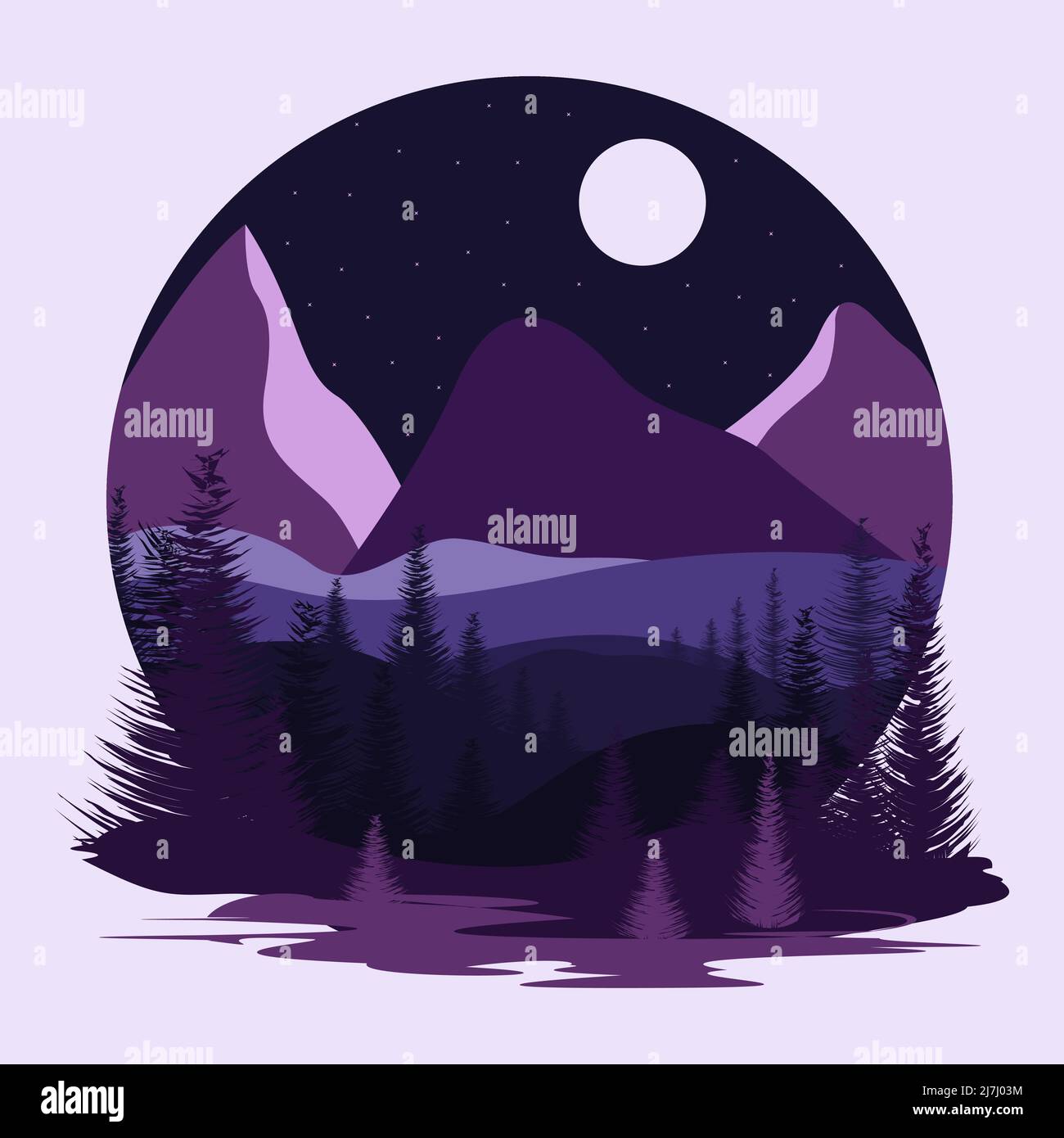 Paisaje nocturno de dibujos animados con montañas y bosques Imagen Vector  de stock - Alamy