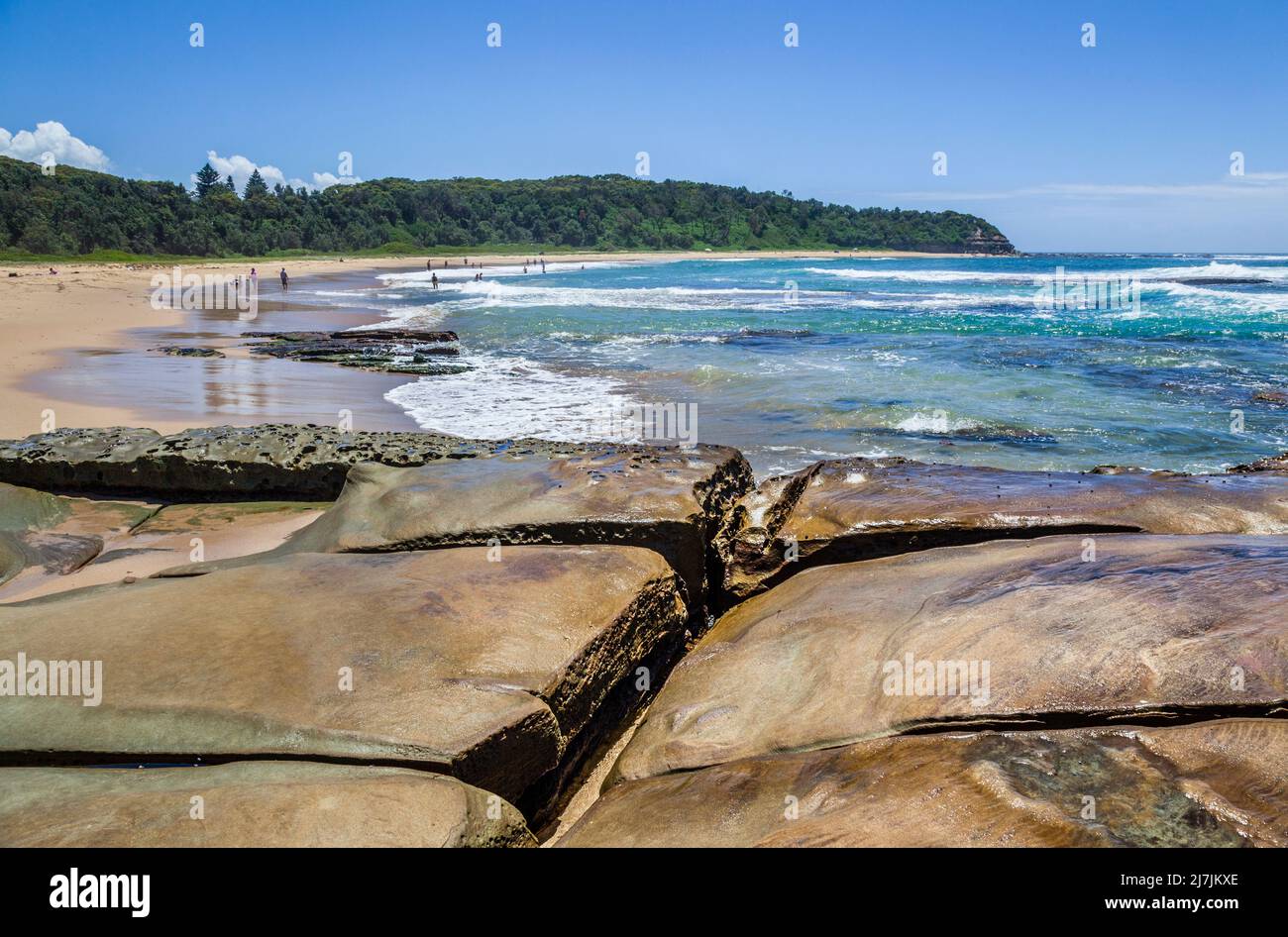 Plataforma de roca al sur de Bateau Bay Beach expuesta a la marea baja, Costa Central de Nueva Gales del Sur, Australia Foto de stock