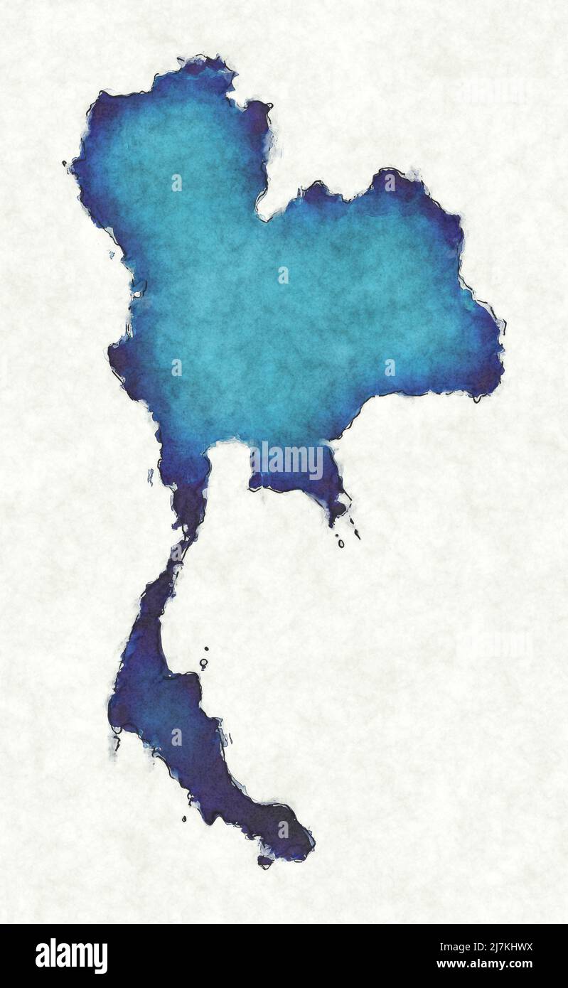 Mapa de Tailandia con líneas trazadas e ilustración de acuarela azul Foto de stock