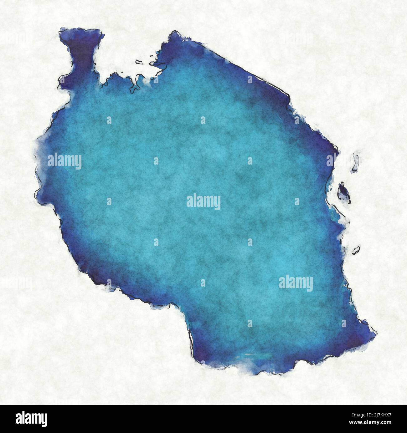 Mapa de Tanzania con líneas trazadas e ilustración de acuarela azul Foto de stock