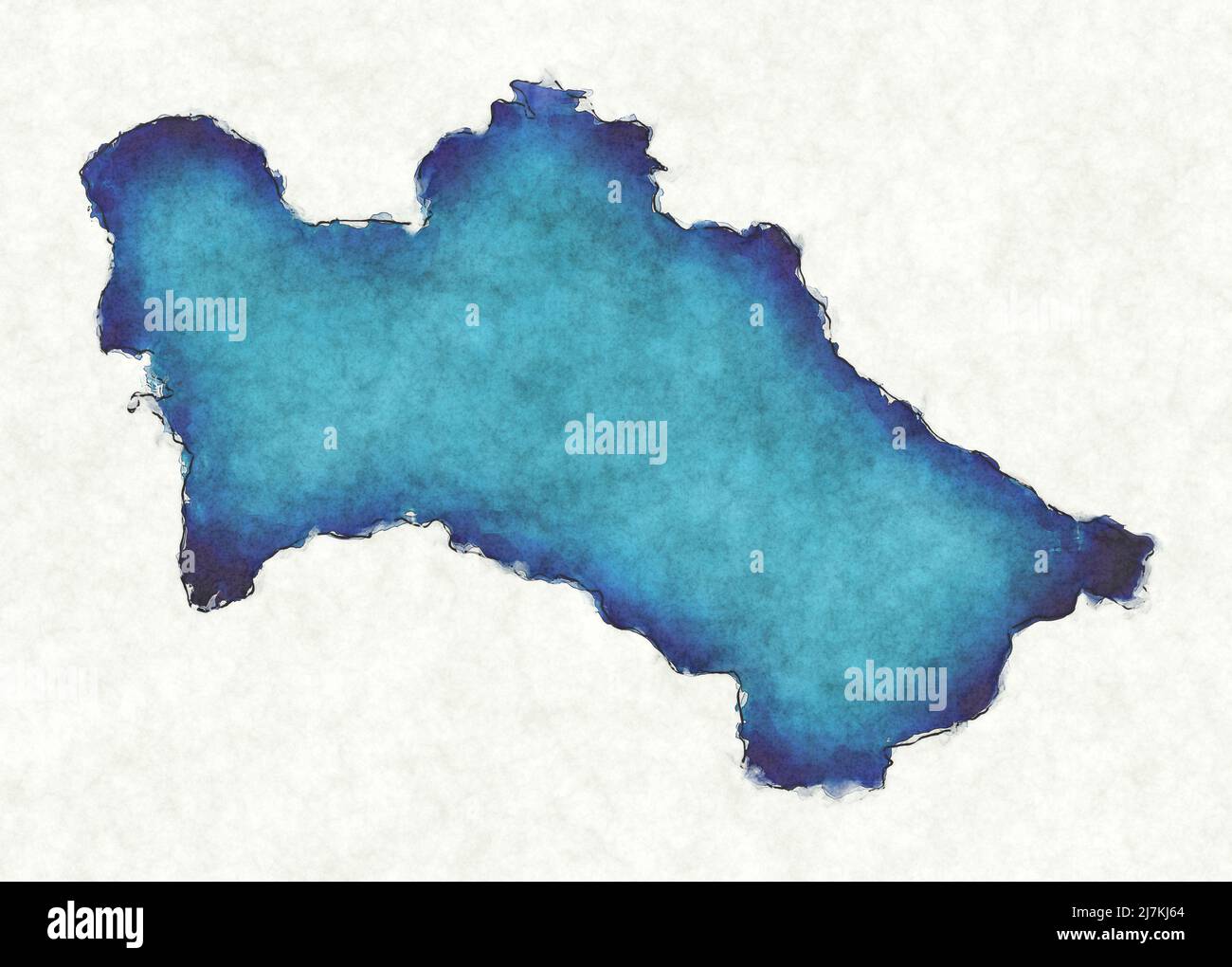 Mapa de Turkmenistán con líneas trazadas e ilustración de acuarela azul Foto de stock