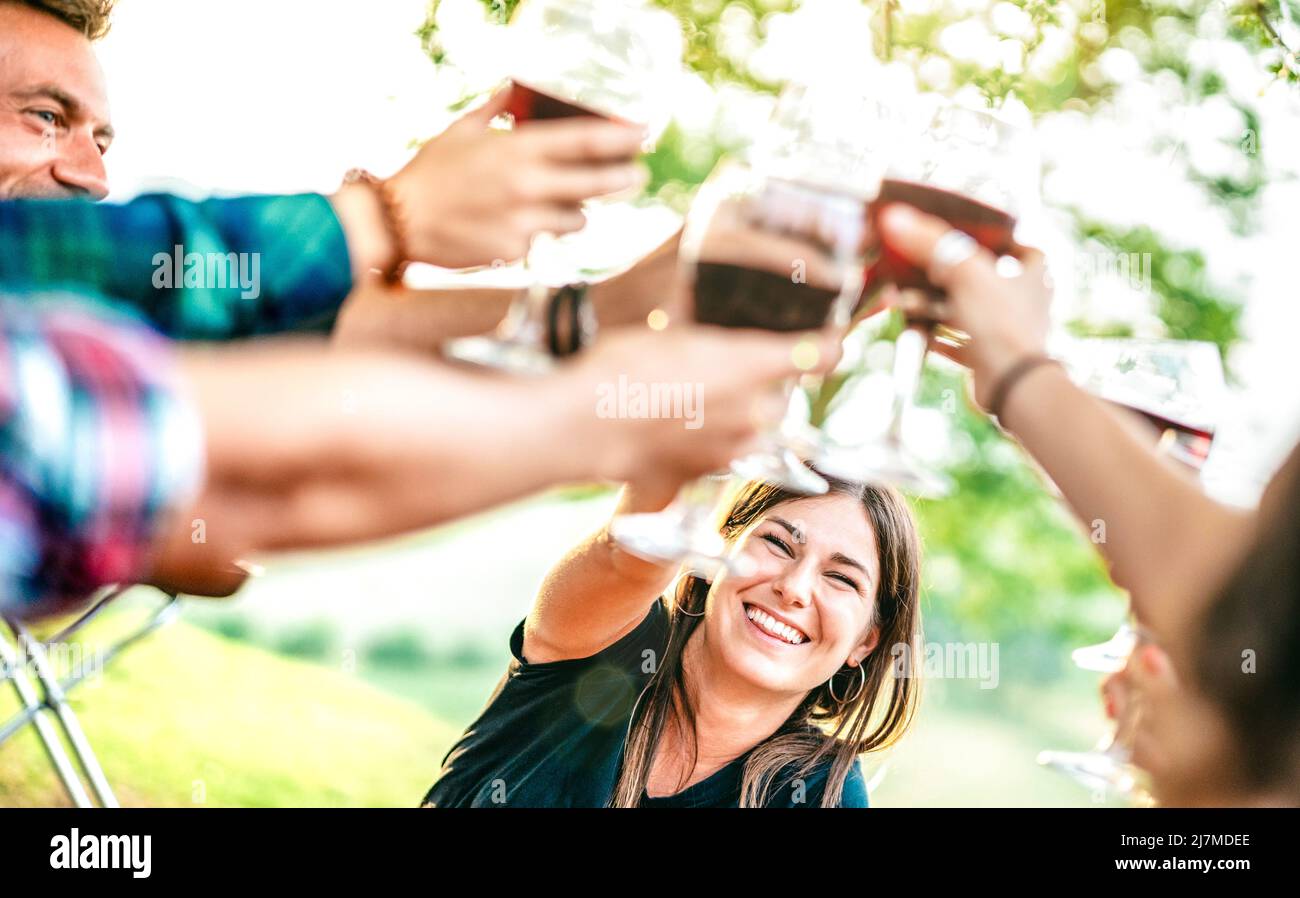Brindis manos con vino tinto - la gente se divierte alegrando en la cata de vinos pic nic - Los jóvenes amigos disfrutan de tiempo de cosecha juntos en la granja viña cou Foto de stock