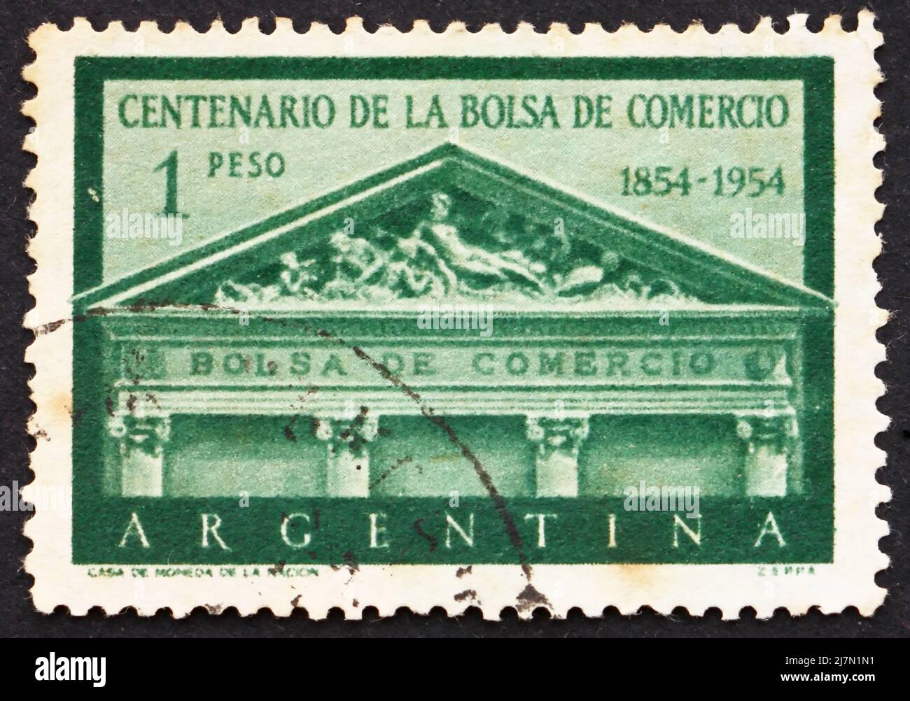 ARGENTINA - ALREDEDOR de 1954: Sello impreso en el frontón de Argentina,  Bolsa de Valores de Buenos Aires, Centenario de la creación de la Bolsa de  Valores Fotografía de stock - Alamy