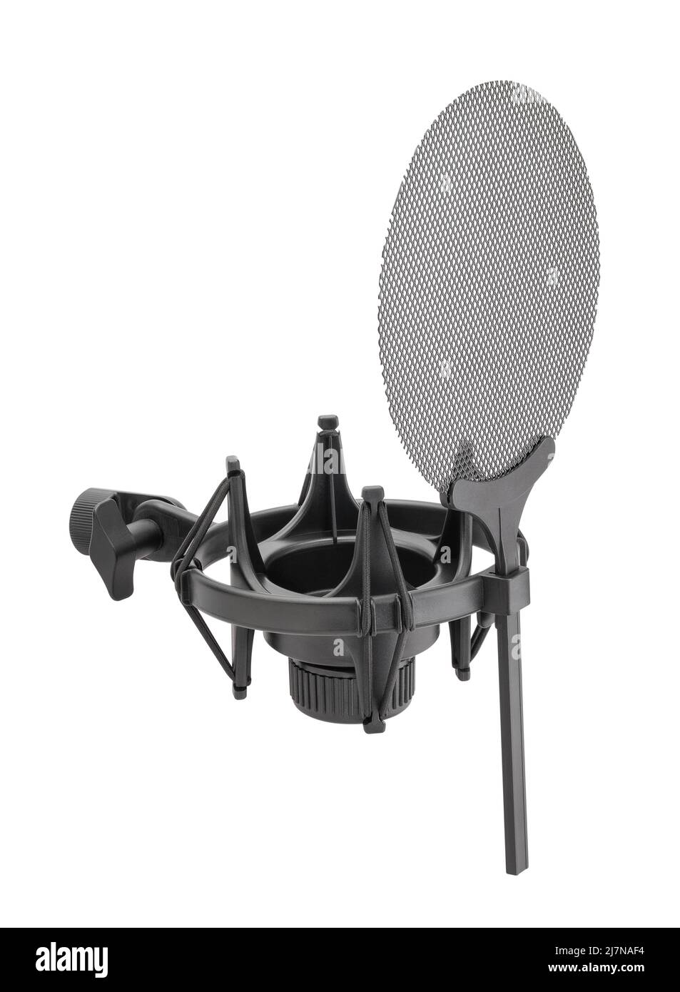 montaje de micrófono con amortiguador con ruta de filtro pop aislada sobre blanco Foto de stock