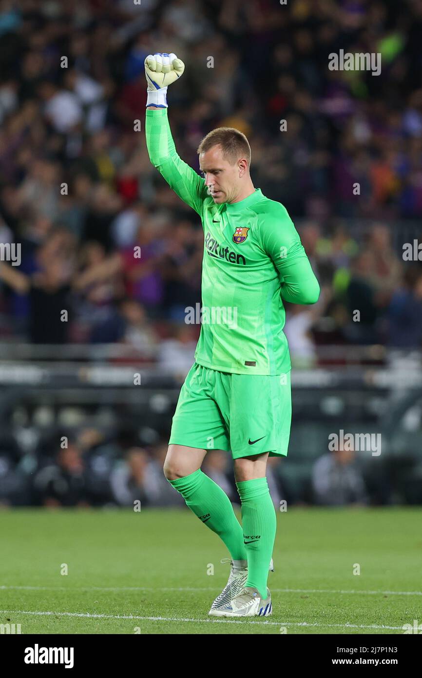Barcelona, España. 10/05/2022, , Marc Andre ter Stegen del FC Barcelona celebra un gol durante el partido de Liga entre el FC Barcelona y el Real Celta de Vigoat Camp Nou en Barcelona, España. Foto de stock