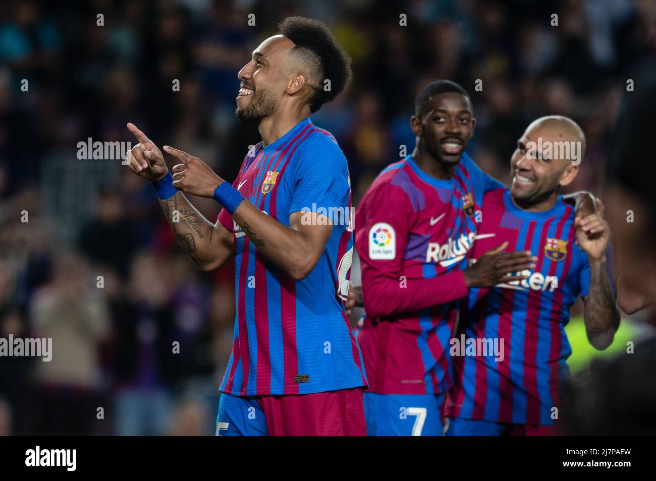 Barcelona, España. 10/05/2022, , Pierre Emerick Aubameyang del FC Barcelona celebra un gol durante el partido de Liga entre el FC Barcelona y el Real Celta de Vigoat Camp Nou en Barcelona, España. Foto de stock