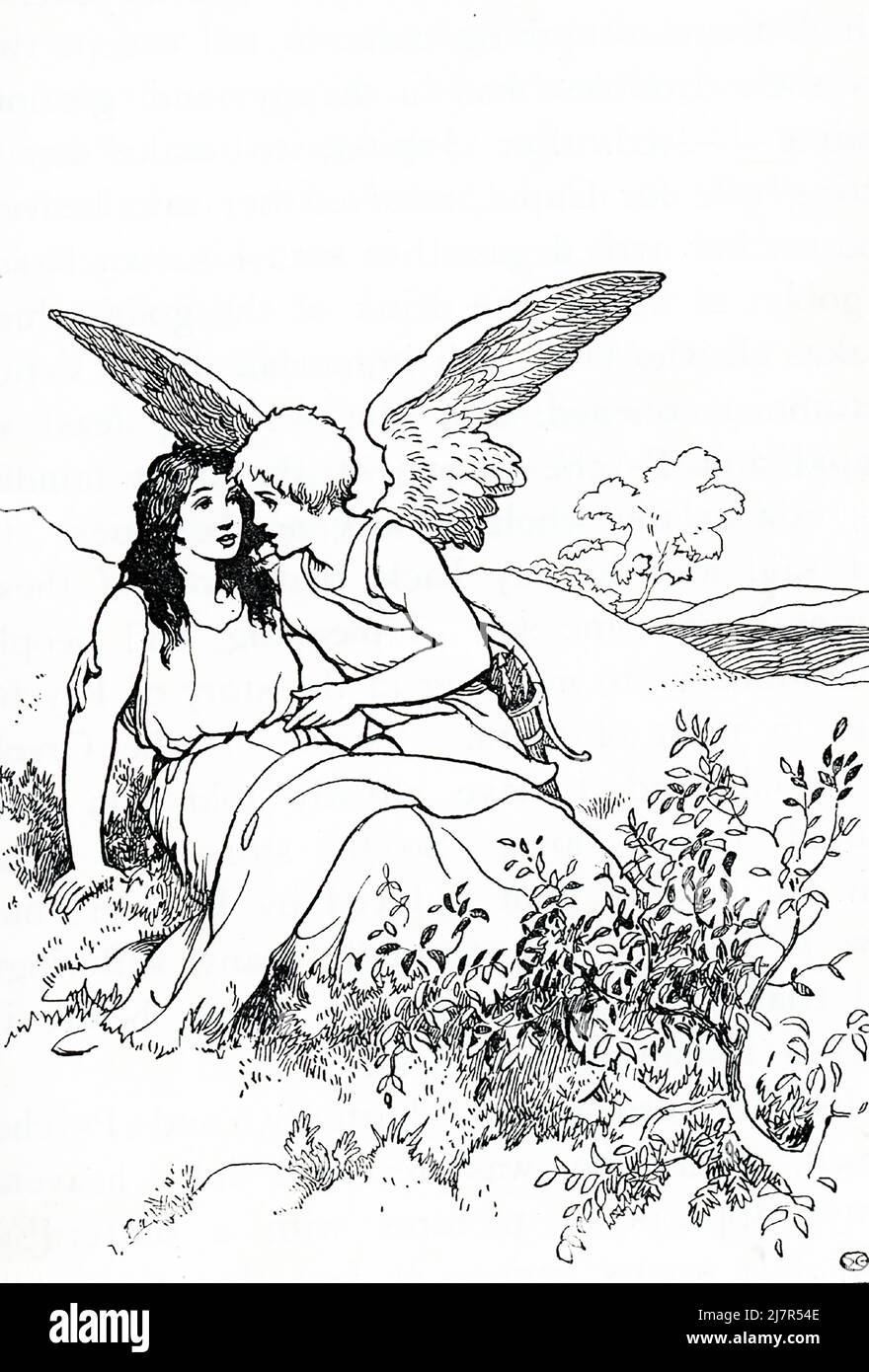 Según la mitología griega y romana, Cupido (Eros a los griegos) era el dios del amor. Su madre, Venus (Afrodita), estaba celosa de Psyche, una princesa mortal, y envió a Cupido a dispararla con una flecha de amor que la haría enamorarse de una criatura horrible. Por accidente, Cupido se engañó a sí mismo como lo hizo y revirtió el efecto en Psyche. Venus intentó sin éxito mantener los dos separados. Finalmente, Cupido y Pysche (vistos aquí juntos) se les permitió casarse, y a Psyche se le concedió inmortalidad. Foto de stock
