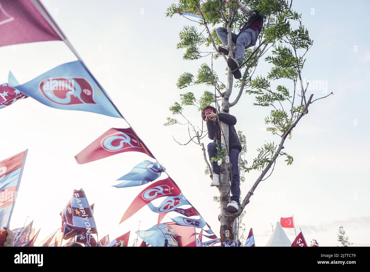 Estambul, Turquía. 8th de mayo de 2022. Los aficionados vieron subir por los árboles durante las celebraciones. Los fans de Trabzonspor continuaron con su celebración de ganar el título de la Super Liga Turca con un evento especial en Estambul. Trabzonspor ganó el título de la Super Liga Turca por primera vez desde 1984. Las celebraciones continuarán en la ciudad de Trabzon y en toda Turquía. (Imagen de crédito: © Ibrahim Oner/SOPA Images via ZUMA Press Wire) Foto de stock