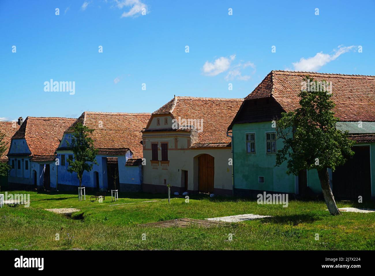 Casas de hilera tradicionales y coloridas en el pueblo de Viscri en el verano, rural de Transilvania Foto de stock