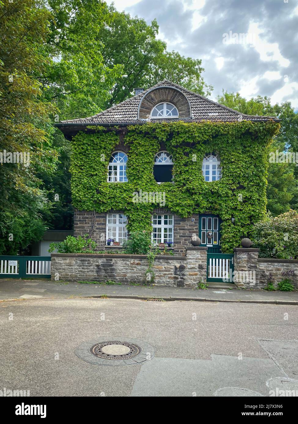 Hermosa casa cubierta de hojas de vid en el barrio “Margarethenhöhe”, el primer asentamiento del movimiento de la ciudad jardín en Alemania. Foto de stock