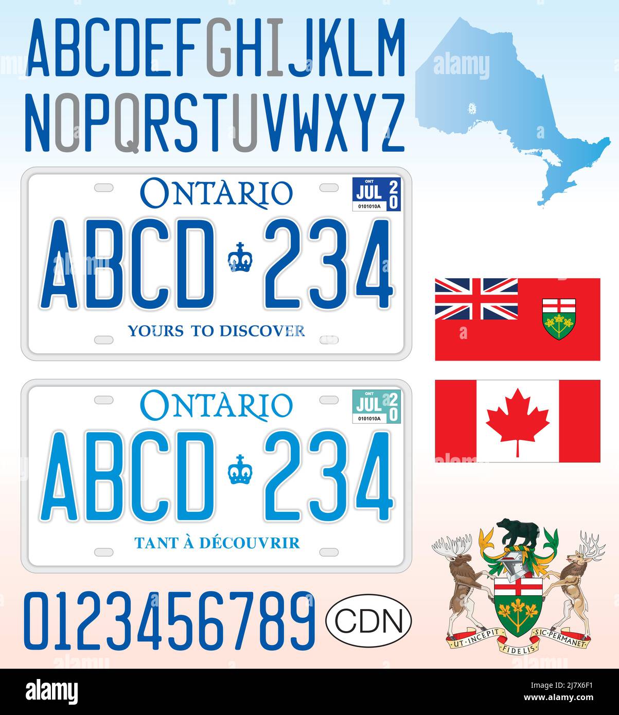 Matrícula de Ontario, Canadá, letras, números y símbolos, ilustración vectorial Ilustración del Vector