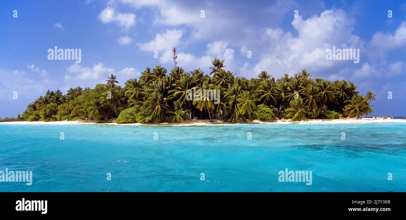 Centro turístico de Maldivas Biyadhoo, isla con palmeras, playa y laguna, Maldivas, el océano Índico, Asia Foto de stock