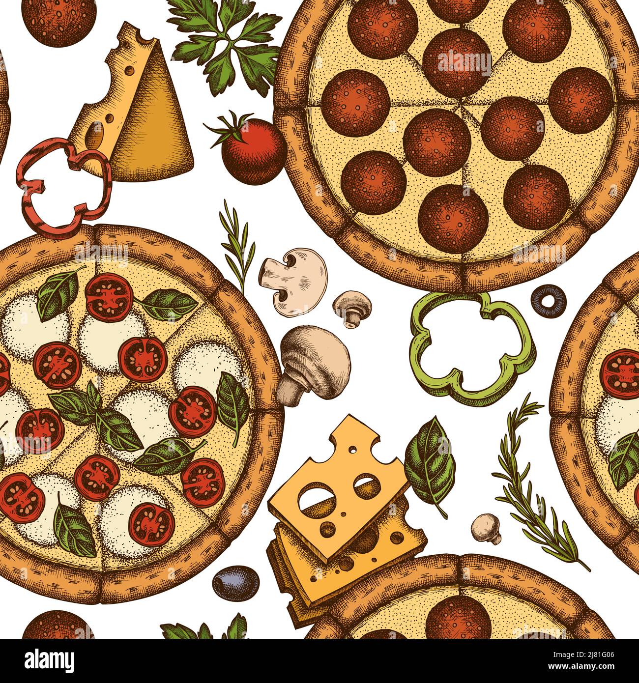 Diseño de fondo con patrón de pizza sin costuras. Estilo grabado