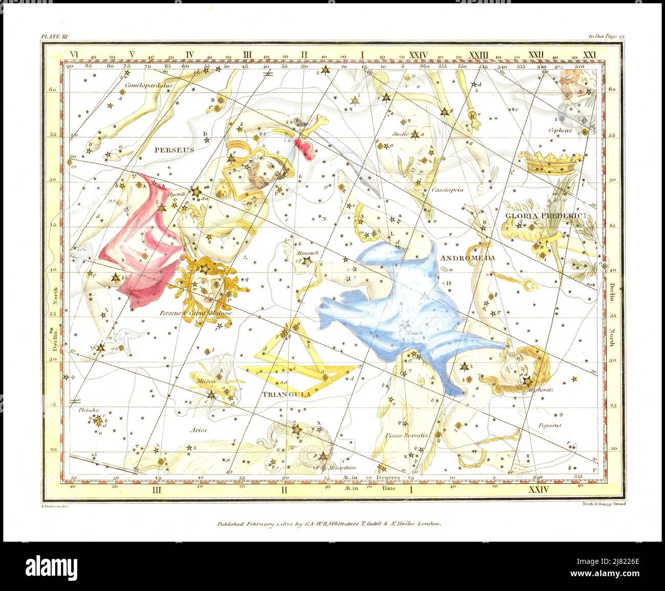 Alexander Jamieson - Andrómeda, Perseo & Caput medusae - Placa 3 de un atlas celeste que comprende una exhibición sistemática de los cielos - 1822 Foto de stock