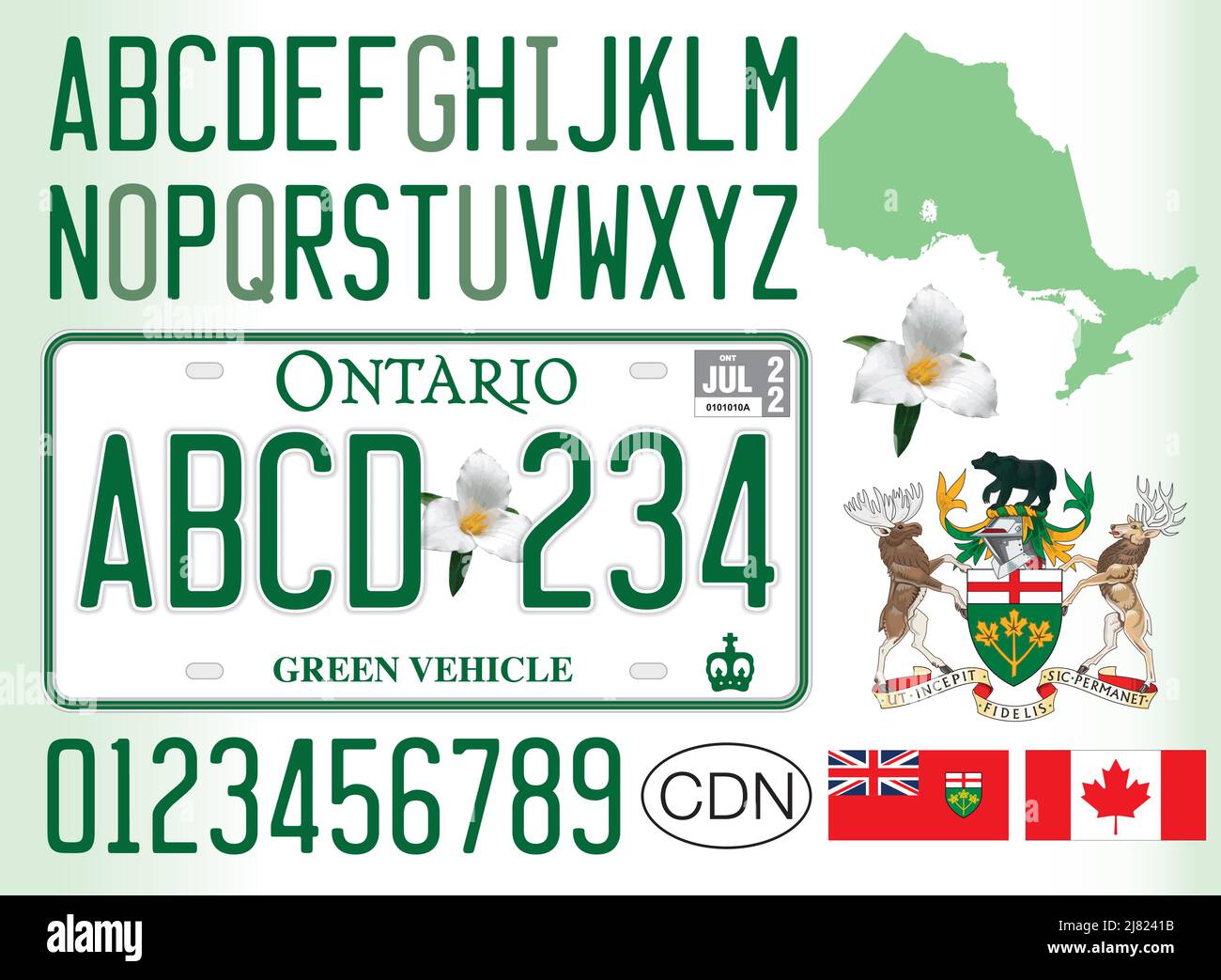 Matrícula de coches eléctricos verde de Ontario, Canadá, letras, números y símbolos, ilustración vectorial Ilustración del Vector