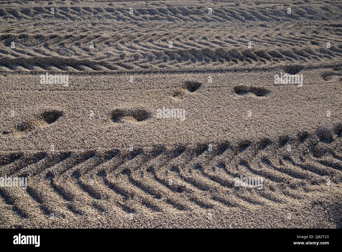 Huellas humanas y pistas de maquinaria en la arena. Foto de stock