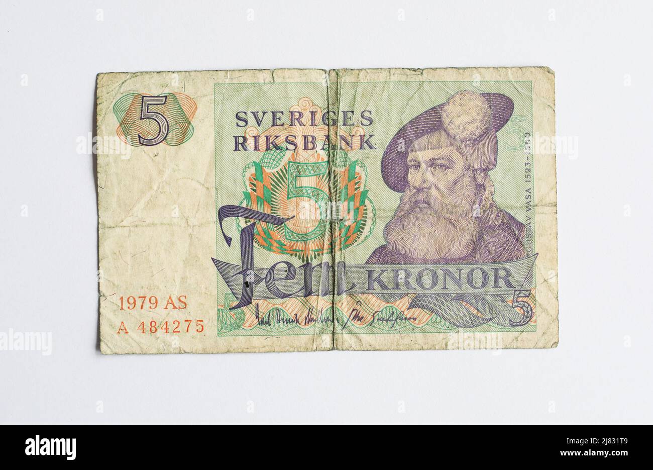 Un antiguo billete de 5 coronas, a partir de 1979, con Gustav Vasa en él. Foto de stock