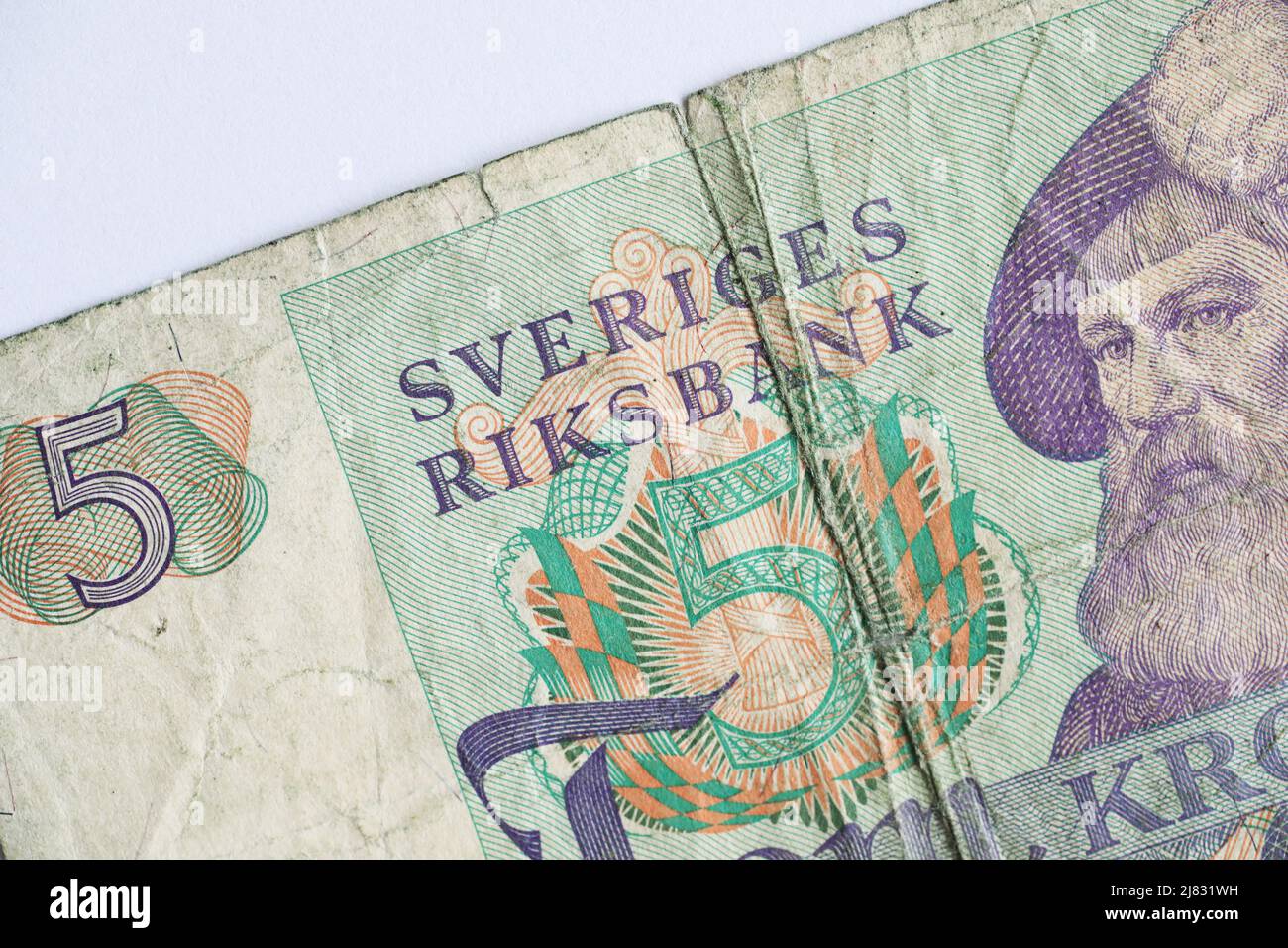 Un antiguo billete de 5 coronas, a partir de 1979, con Gustav Vasa en él. Foto de stock