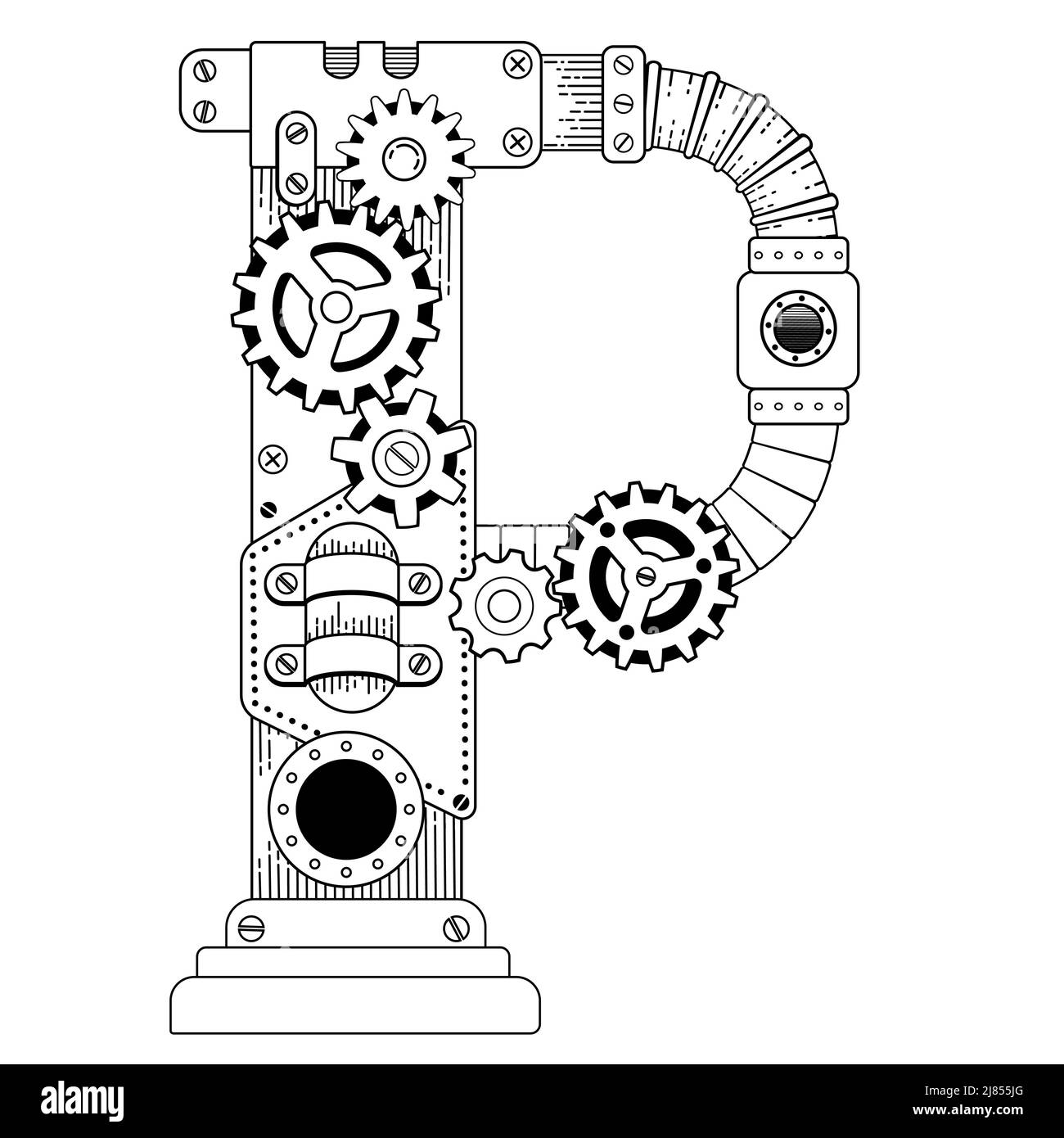 Libro para colorear vectorial para adultos. Letra cirílica de Steampunk. Alfabeto mecánico hecho de engranajes metálicos y varios detalles aisladossobre fondo blanco Ilustración del Vector
