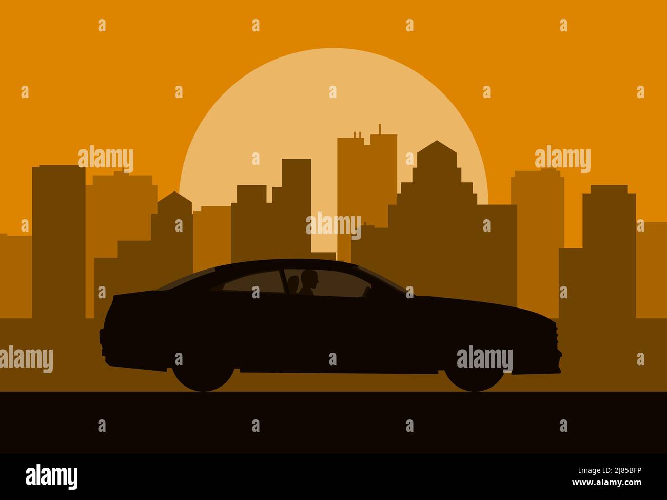 La silueta del coche en el fondo de la ciudad. Hombre conduciendo un coche en la ilustración del vector de la puesta de sol. Ilustración del Vector