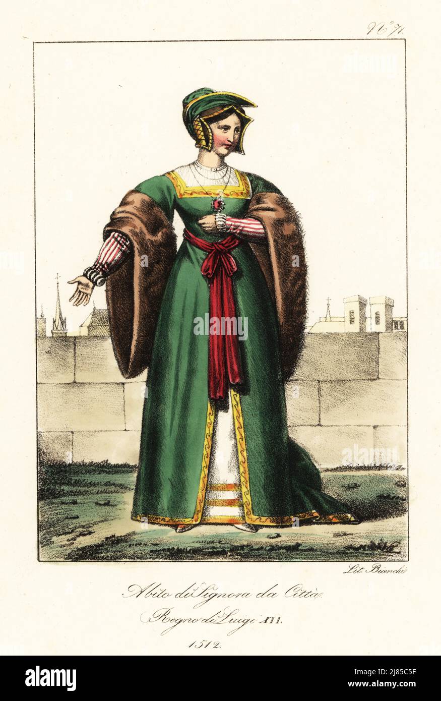 Mujer burguesa francesa, reinado del rey Luis XII, 1512. En hedial hedial,  bata verde con mangas de piel completa, cinturón rojo de guillotina, falda  blanca. Traje de dame a la ville. Regne
