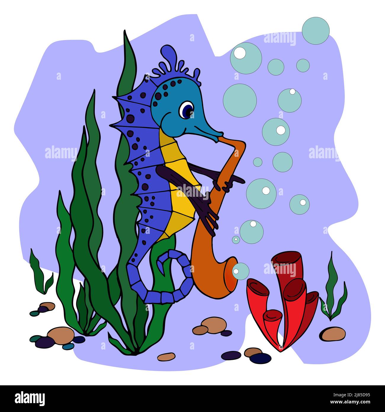 bonita ilustración para los niños caballitos de mar jugando el saxofón, fabuloso dibujo de contorno, gráficos en color, arte Foto de stock