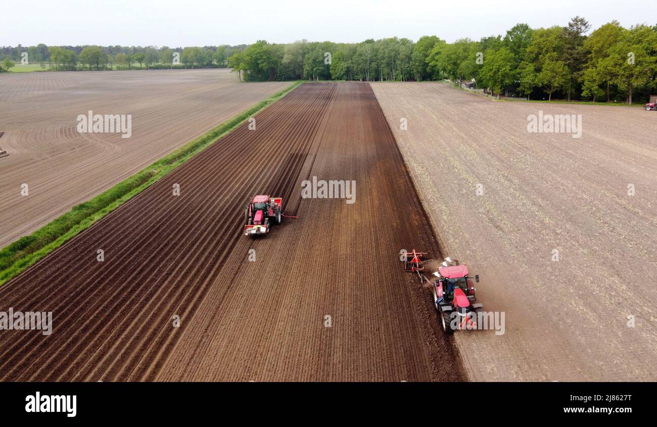 Un granjero está arando su tierra de labranza seca, mientras que otra máquina a la izquierda está sembrando patatas. Foto de stock